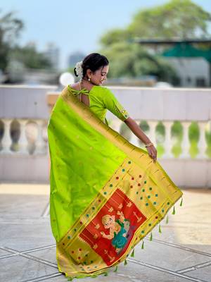 soft litchi art silk paithani jacquard saree (ganpati-paithani-parrot) 3