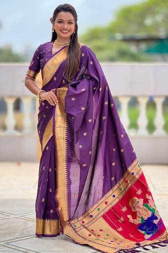 soft litchi art silk paithani jacquard saree (ganpati-paithani-wine)