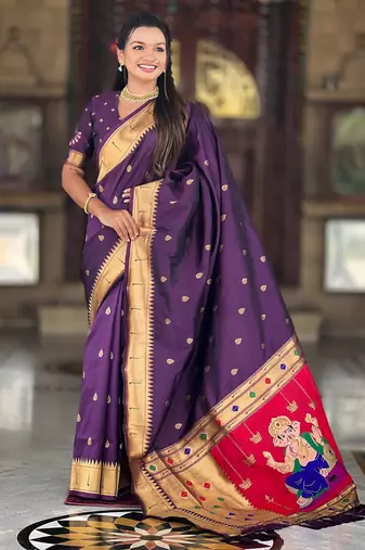soft litchi art silk paithani jacquard saree (ganpati-paithani-wine)
