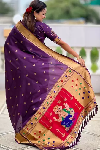 soft litchi art silk paithani jacquard saree (ganpati-paithani-wine)