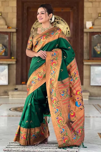 soft litchi art silk paithani jacquard saree (harmony-paithani-2-green)