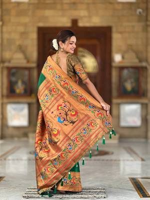 soft litchi art silk paithani jacquard saree (harmony-paithani-2-green) 3