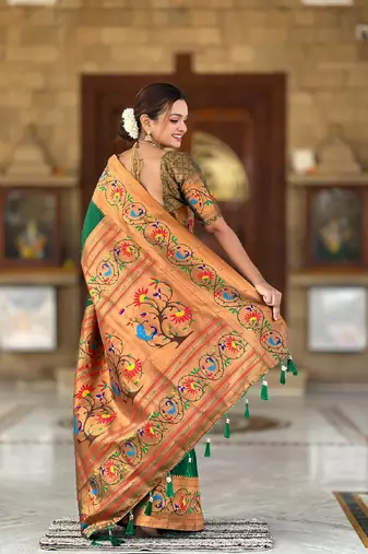 soft litchi art silk paithani jacquard saree (harmony-paithani-2-green)