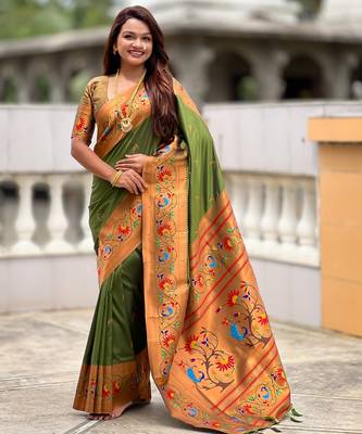 soft litchi art silk paithani jacquard saree (harmony-paithani-2-mahendi) 1