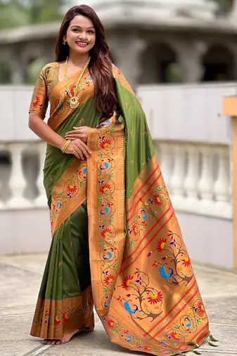 soft litchi art silk paithani jacquard saree (harmony-paithani-2-mahendi)