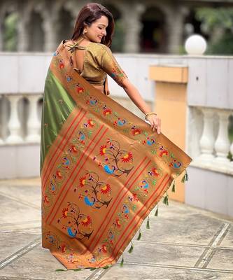 soft litchi art silk paithani jacquard saree (harmony-paithani-2-mahendi) 3
