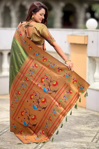 soft litchi art silk paithani jacquard saree (harmony-paithani-2-mahendi)