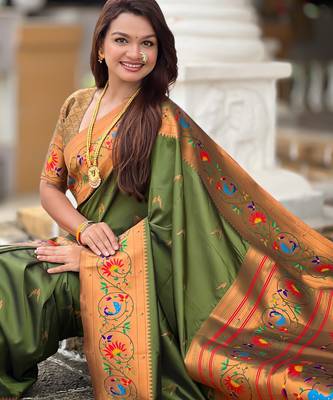 soft litchi art silk paithani jacquard saree (harmony-paithani-2-mahendi) 4