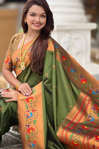 soft litchi art silk paithani jacquard saree (harmony-paithani-2-mahendi)
