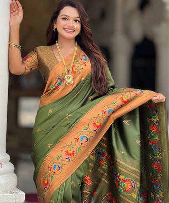 soft litchi art silk paithani jacquard saree (harmony-paithani-2-mahendi) 5
