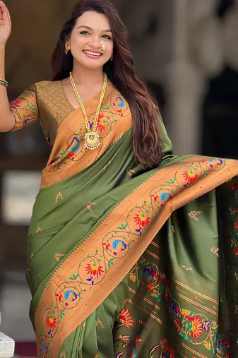 soft litchi art silk paithani jacquard saree (harmony-paithani-2-mahendi)