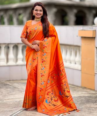 soft litchi art silk paithani jacquard saree (harmony-paithani-2-orange) 1