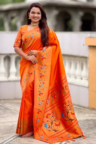 soft litchi art silk paithani jacquard saree (harmony-paithani-2-orange)