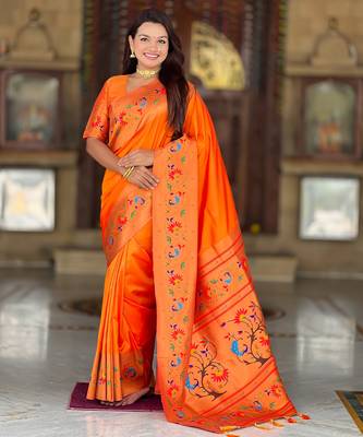 soft litchi art silk paithani jacquard saree (harmony-paithani-2-orange) 2
