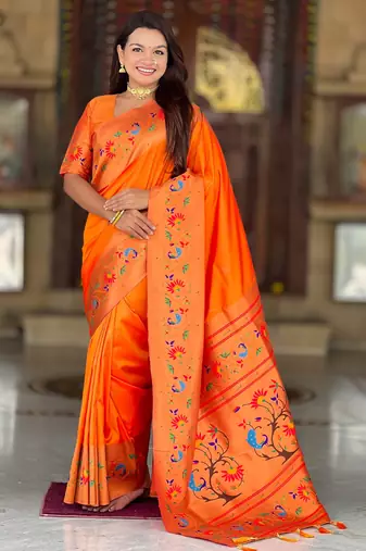 soft litchi art silk paithani jacquard saree (harmony-paithani-2-orange)