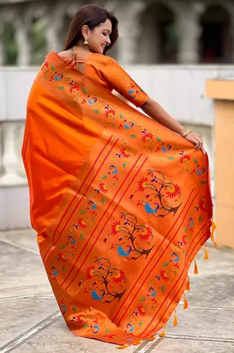 soft litchi art silk paithani jacquard saree (harmony-paithani-2-orange)