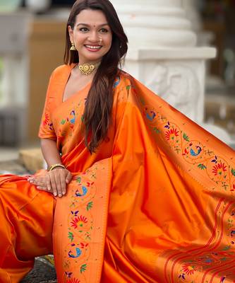 soft litchi art silk paithani jacquard saree (harmony-paithani-2-orange) 4