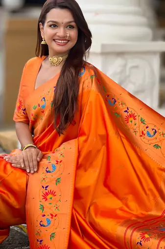 soft litchi art silk paithani jacquard saree (harmony-paithani-2-orange)