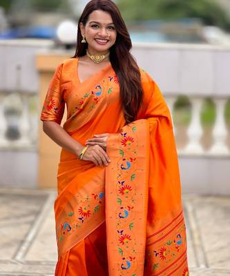 soft litchi art silk paithani jacquard saree (harmony-paithani-2-orange) 5