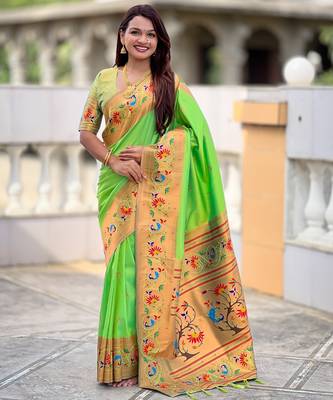 soft litchi art silk paithani jacquard saree (harmony-paithani-2-parrot) 1