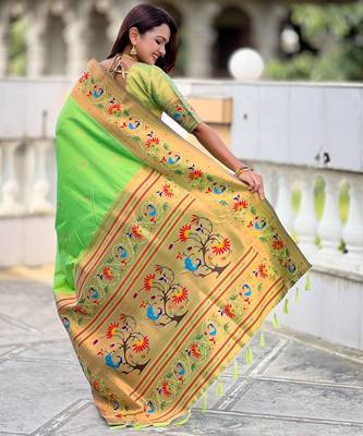 soft litchi art silk paithani jacquard saree (harmony-paithani-2-parrot) 3
