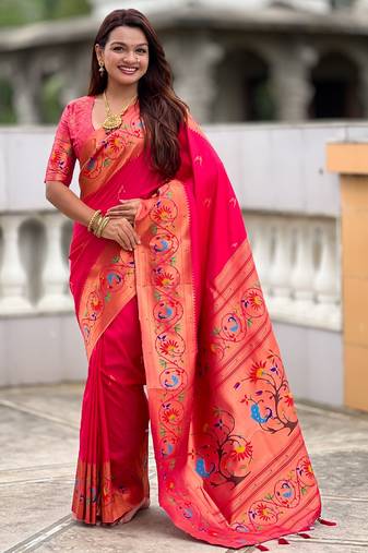 soft litchi art silk paithani jacquard saree (harmony-paithani-2-rani-pink)