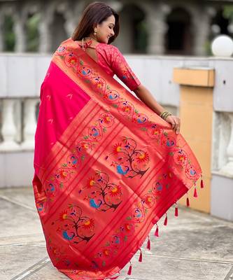 soft litchi art silk paithani jacquard saree (harmony-paithani-2-rani-pink) 3