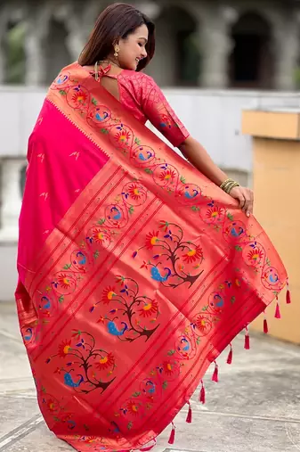 soft litchi art silk paithani jacquard saree (harmony-paithani-2-rani-pink)