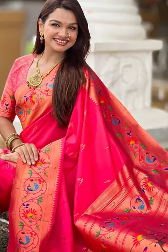 soft litchi art silk paithani jacquard saree (harmony-paithani-2-rani-pink)
