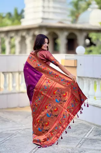 soft litchi art silk paithani jacquard saree (harmony-paithani-2-wine)