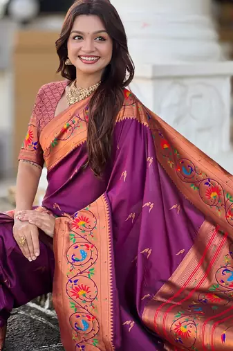 soft litchi art silk paithani jacquard saree (harmony-paithani-2-wine)