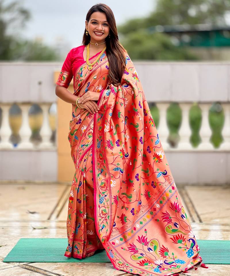 soft litchi art silk paithani jacquard saree (kanjivaram-paithani-pink)