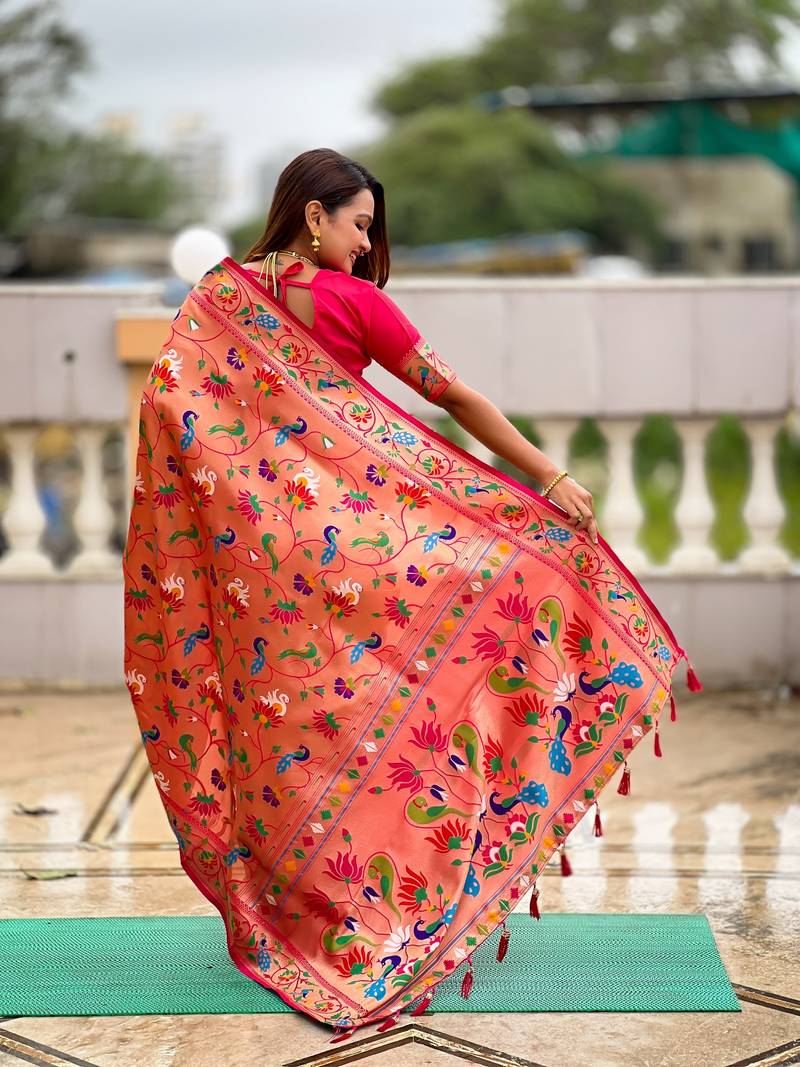 soft litchi art silk paithani jacquard saree (kanjivaram-paithani-pink)