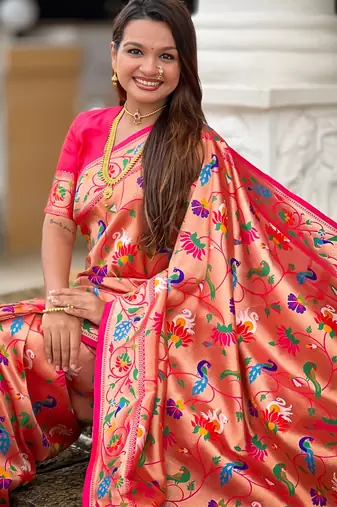 soft litchi art silk paithani jacquard saree (kanjivaram-paithani-pink)