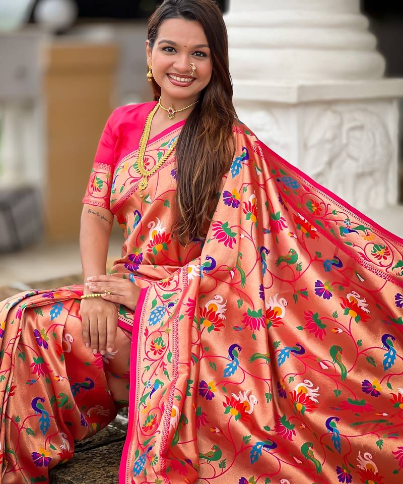 soft litchi art silk paithani jacquard saree (kanjivaram-paithani-pink)