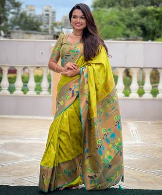 soft litchi art silk paithani jacquard saree (mari-gold-paithani-olive) 1