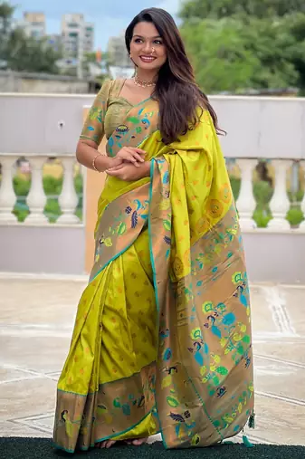 soft litchi art silk paithani jacquard saree (mari-gold-paithani-olive)
