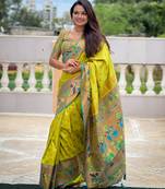 soft litchi art silk paithani jacquard saree (mari-gold-paithani-olive)