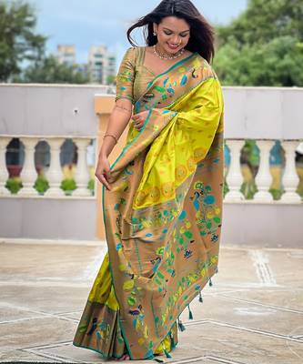 soft litchi art silk paithani jacquard saree (mari-gold-paithani-olive) 2