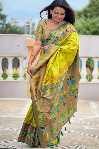 soft litchi art silk paithani jacquard saree (mari-gold-paithani-olive)