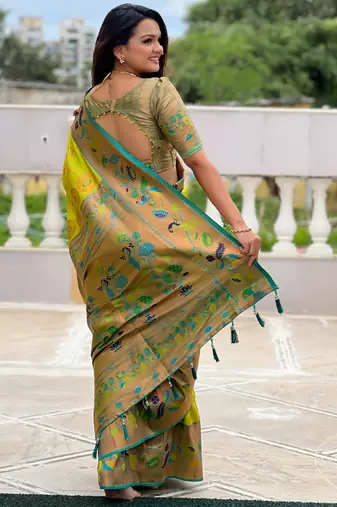 soft litchi art silk paithani jacquard saree (mari-gold-paithani-olive)