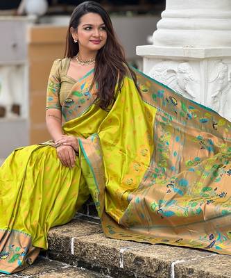 soft litchi art silk paithani jacquard saree (mari-gold-paithani-olive) 4