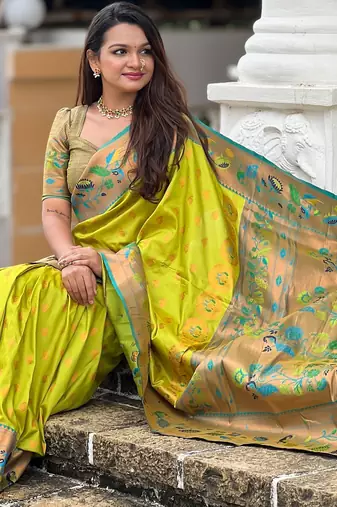 soft litchi art silk paithani jacquard saree (mari-gold-paithani-olive)