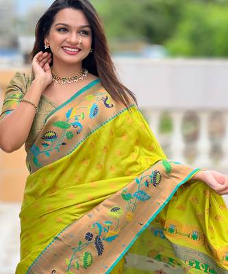 soft litchi art silk paithani jacquard saree (mari-gold-paithani-olive) 5