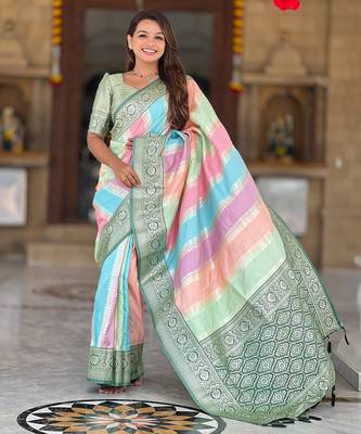 soft litchi art silk fancy jacquard bollywood saree (multi-colour-green) 2