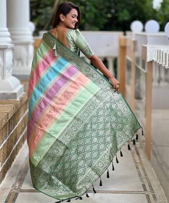 soft litchi art silk fancy jacquard bollywood saree (multi-colour-green) 3