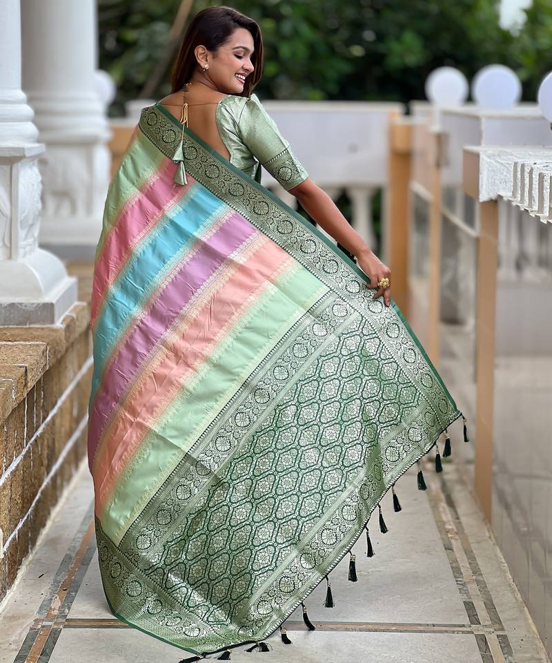 soft litchi art silk fancy jacquard bollywood saree (multi-colour-green)