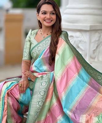soft litchi art silk fancy jacquard bollywood saree (multi-colour-green) 4