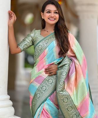 soft litchi art silk fancy jacquard bollywood saree (multi-colour-green) 5