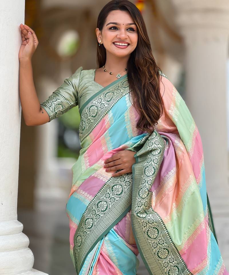 soft litchi art silk fancy jacquard bollywood saree (multi-colour-green)